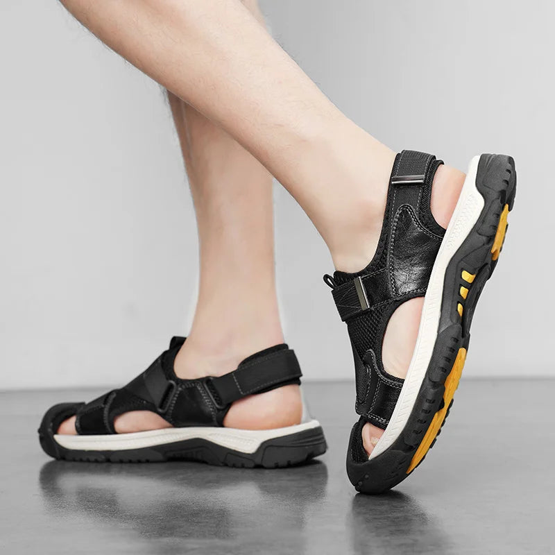 Male Beach Shoes Anti-Slip Anti-collision Toe Summer Flats Soft Leather Men Sandals