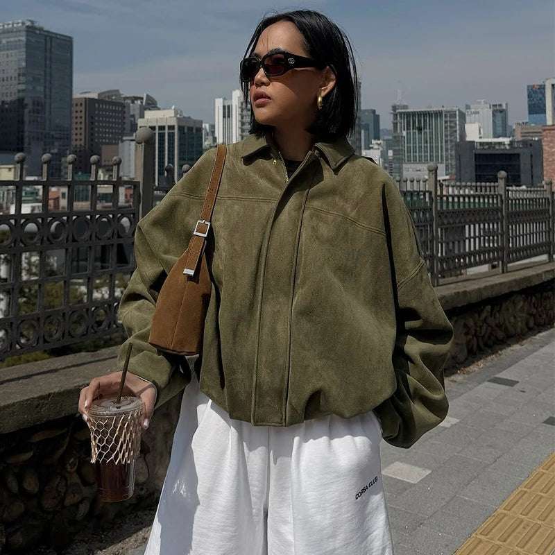 HXAO Women's Bomber Jacket Lapel Long Sleeve Zipper Suede Jacket Women 2025 High Street Cropped Racing Jackets Coats Outerwears