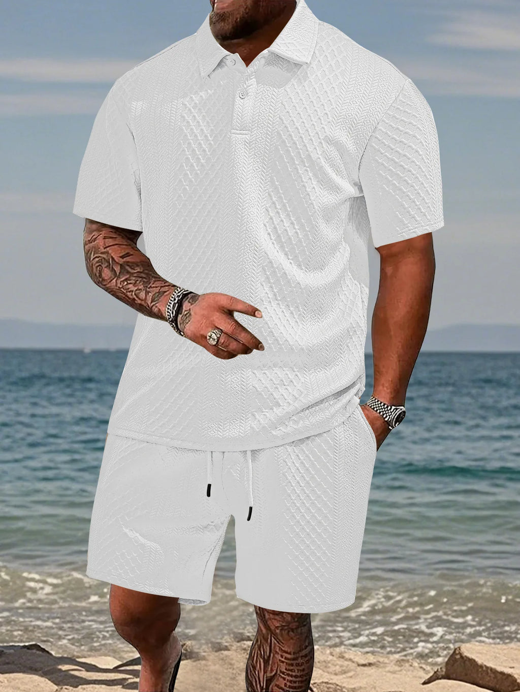 2025 Summer New Men's Casual Sportswear Polo Shirt With A Lapel, Men's Short-sleeved Shirt And Shorts, Jacquard Texture Suit