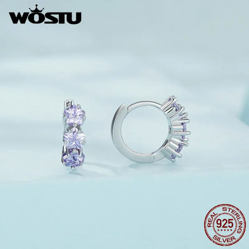 WOSTU Big Stone 925 Sterling Silver Classical Round Purple Crystal Hoop Earrings