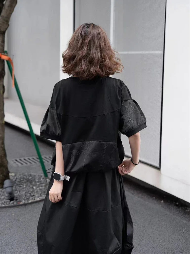 Shirring Patchwork Print O-neck T-shirts