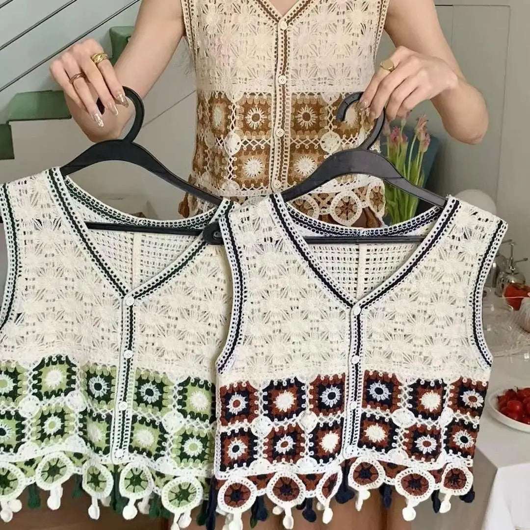 New spring and summer crochet hollow-out versatile vest for women loose V-neck sleeveless short tops
