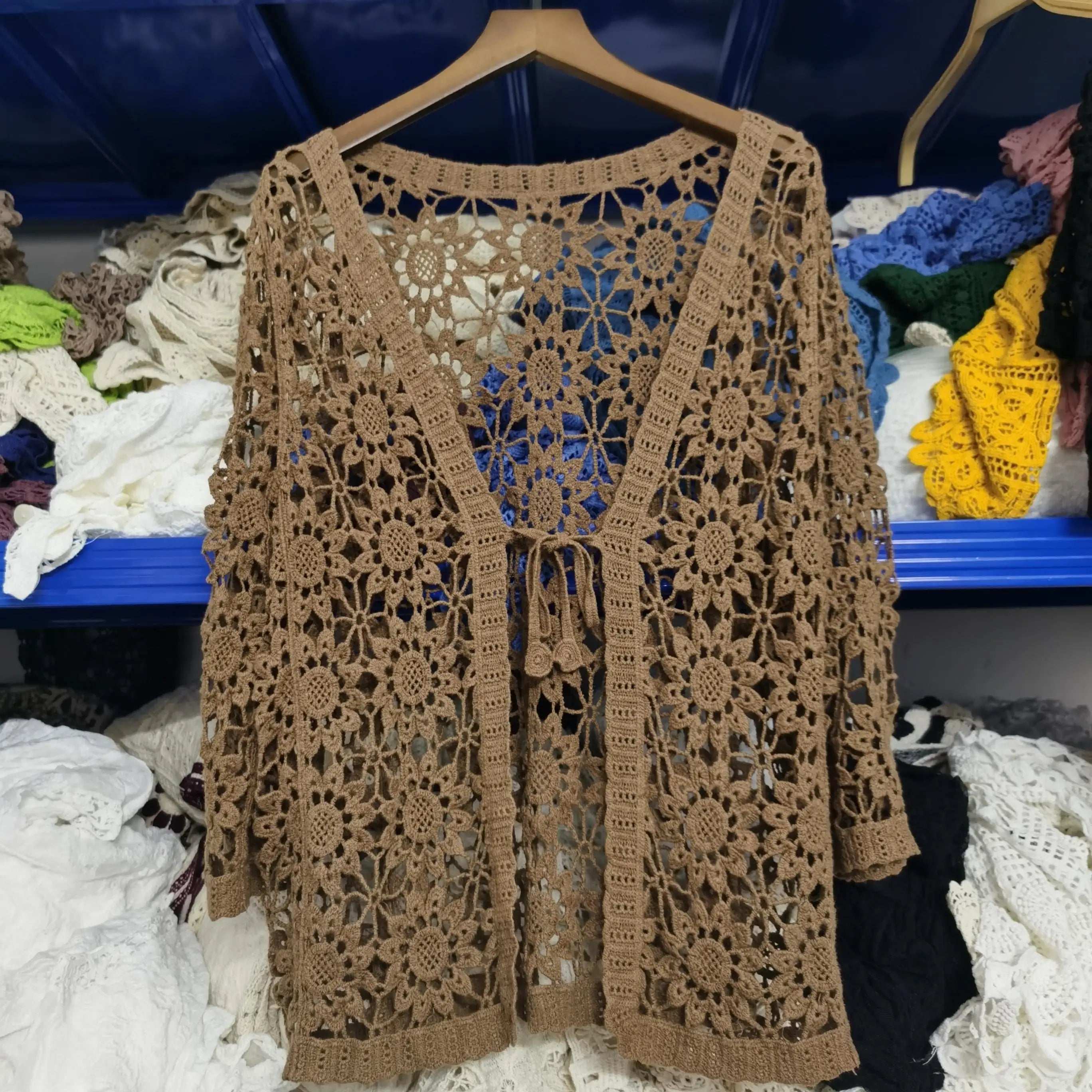 Cotton Knit Crochet Lace Open Cardigan Mid-Sleeve Summer Vintage Sweater