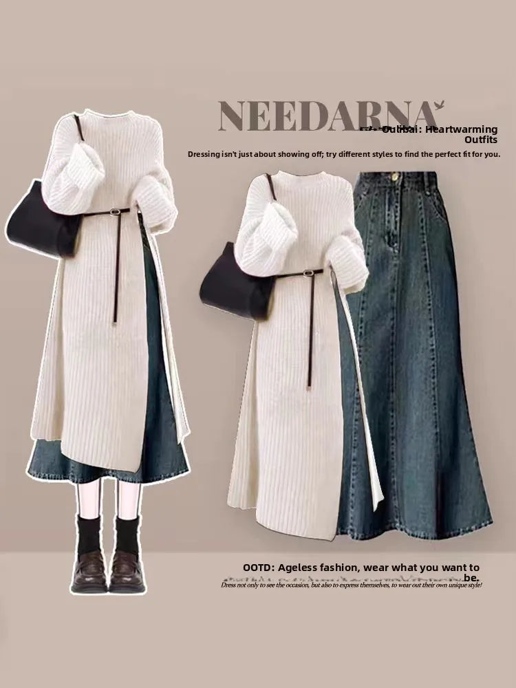 Autumn-Winter Knitted Sweater and Denim Skirt Set