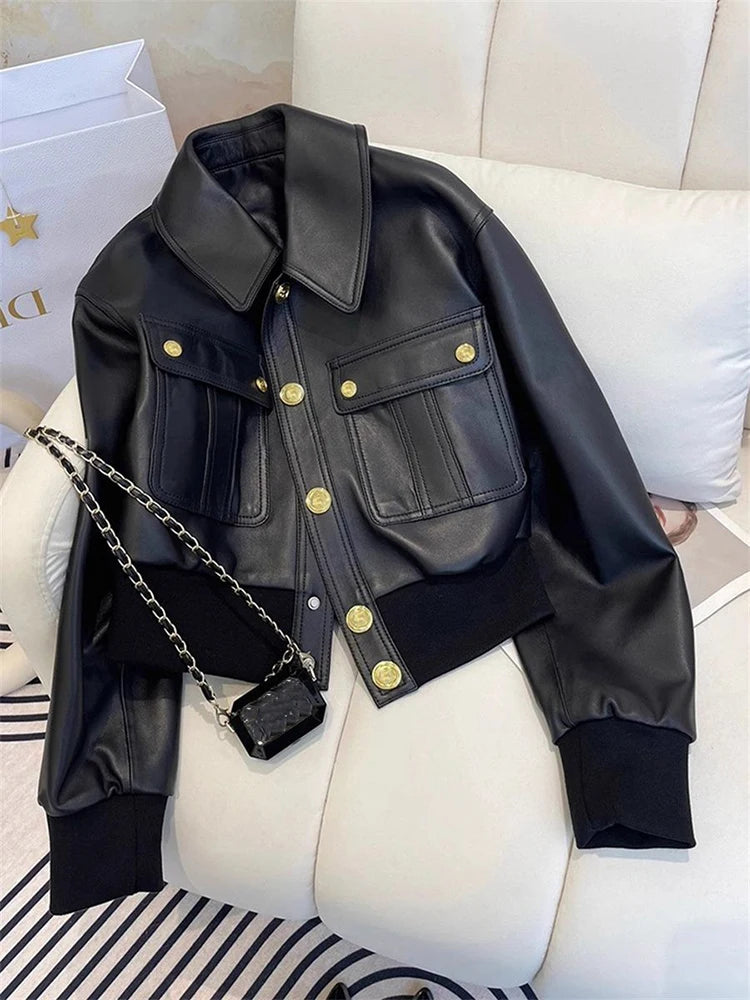 Black Pu Leather Crop Jacket for Women