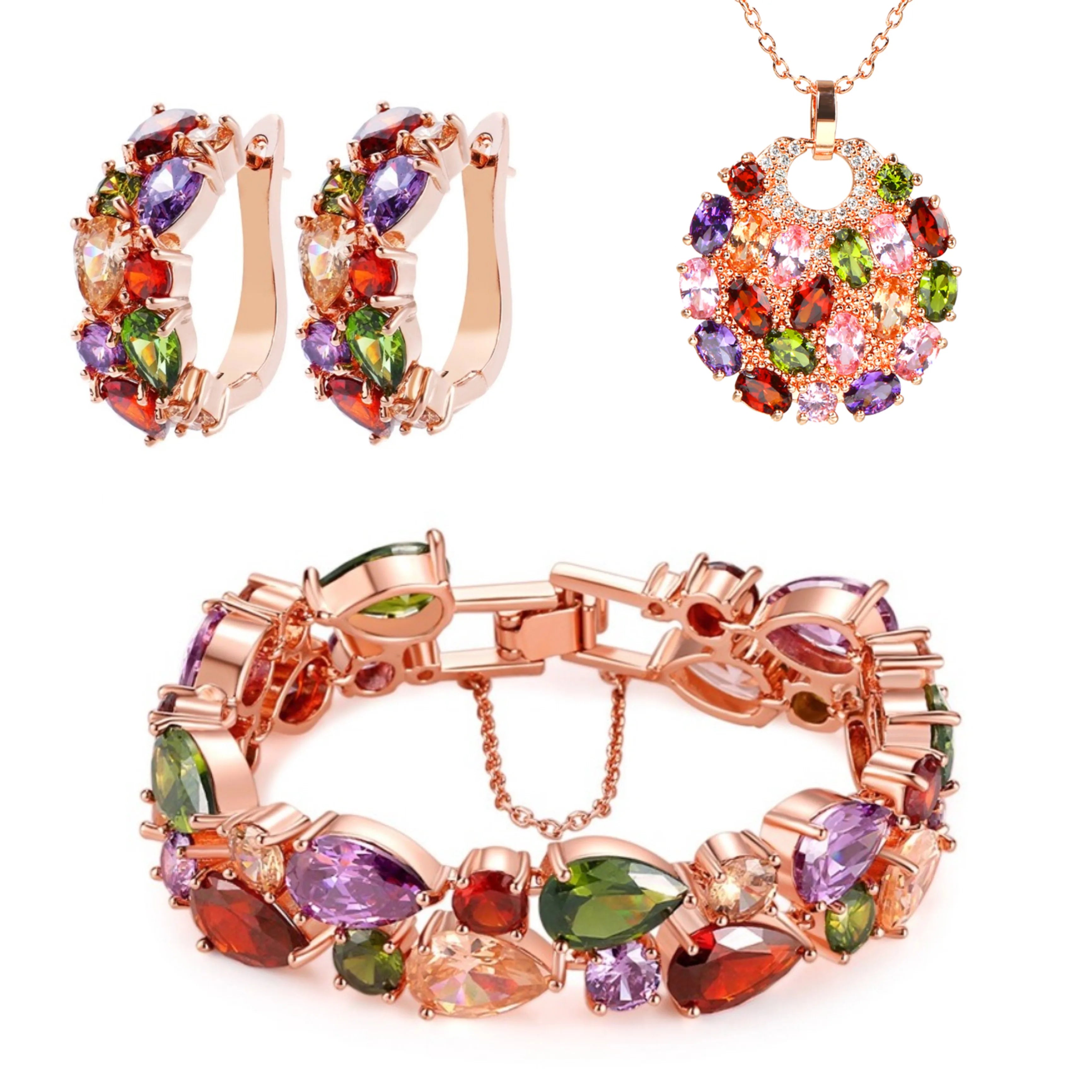 Retro Sweet Rose Gold Color Multi Cubic Zirconia Jewelry Sets