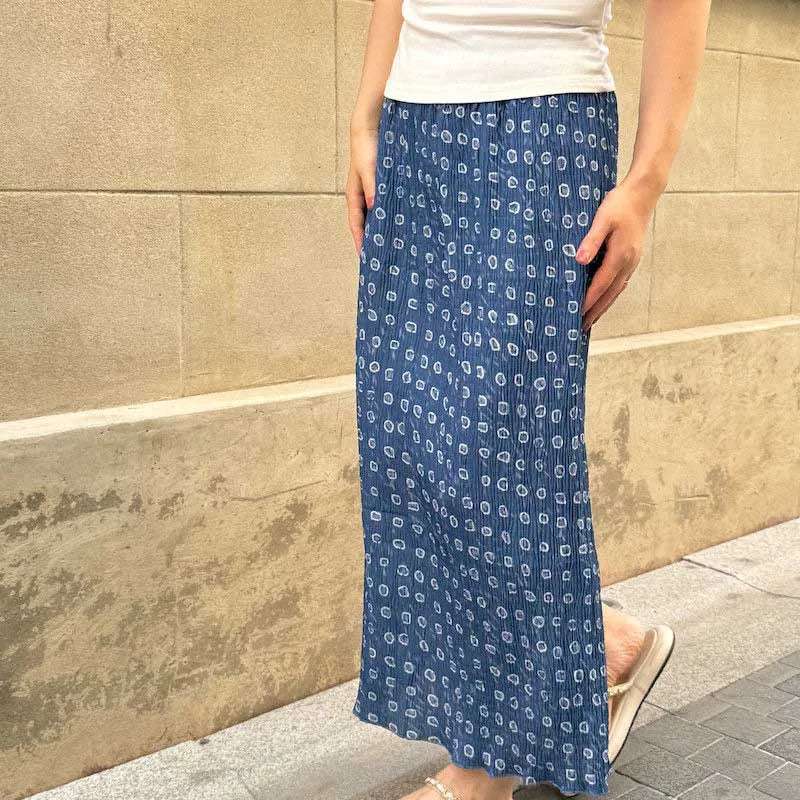 Korean Style Minimalist Printed Half Skirt Blue Versatile Floral Print Slimming Effect Elastic Waistband Split Back Half Ski