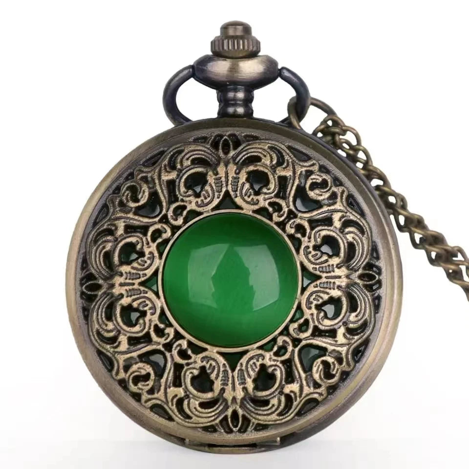 Vintage Arabic Numerals Face Hollowed-Out Carving Jade Quartz Pocket Watch