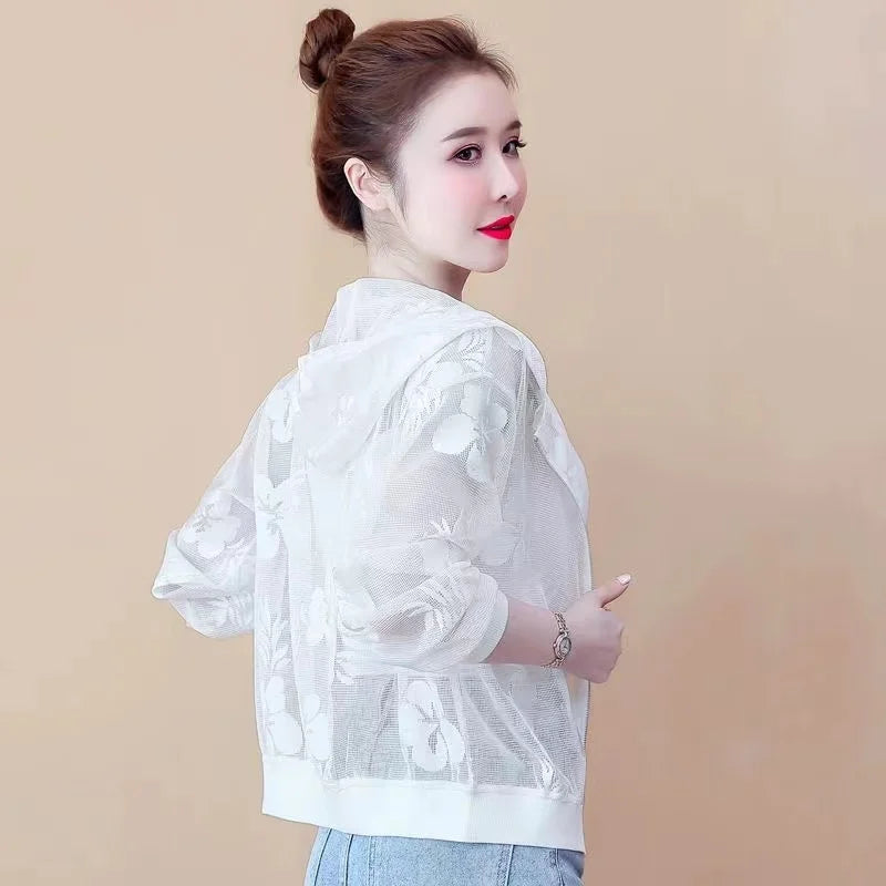 Summer mesh thin style stylish shawl short style versatile hooded sunscreen top for women