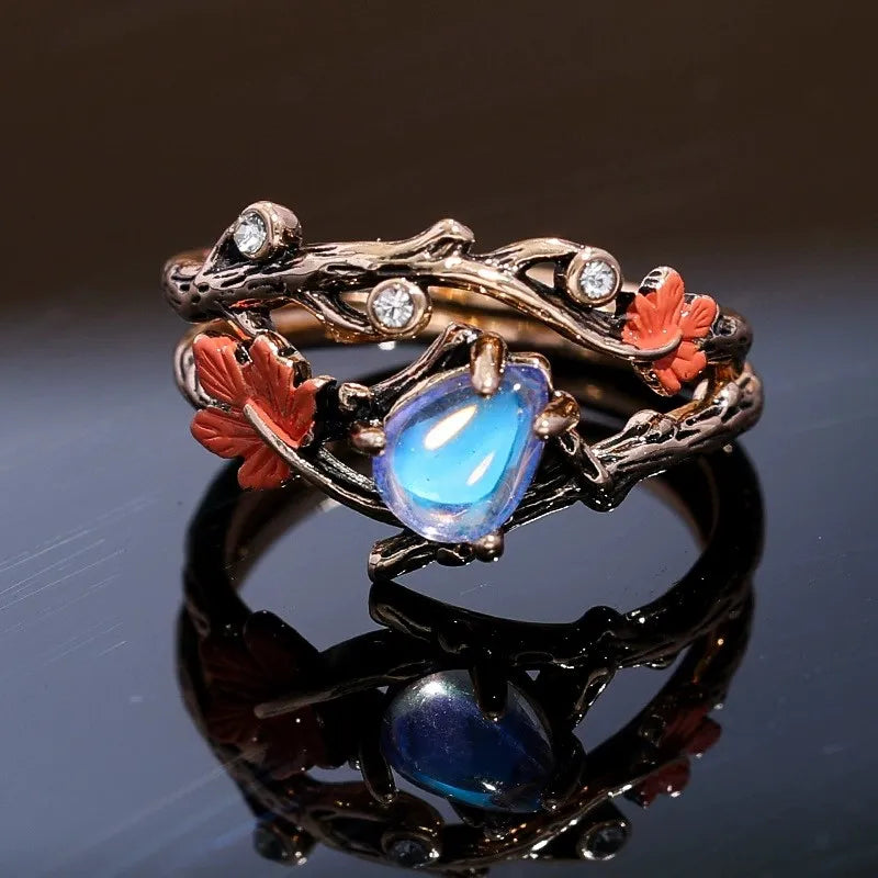 Vintage Boho Hollow Leaf Moonstone Ring for Women
