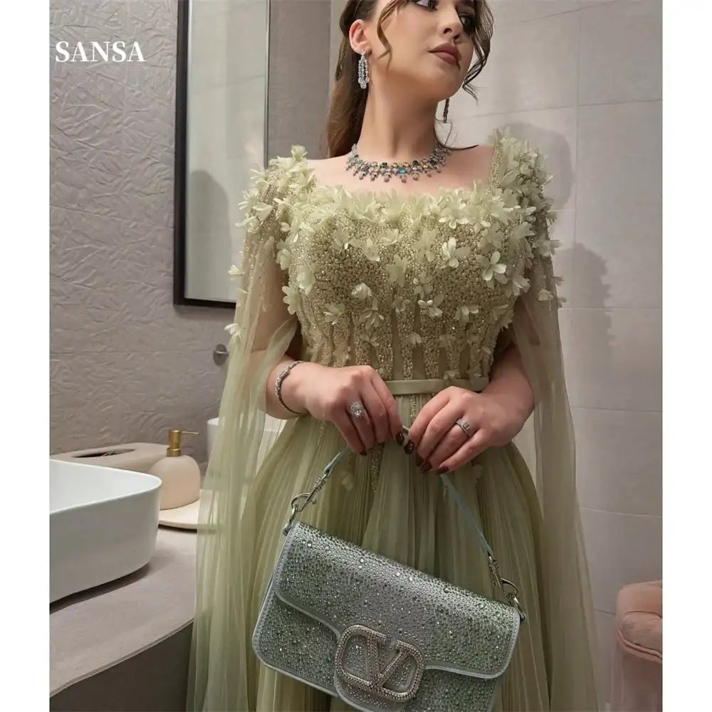 Sansa Green 3D Flowers Beading Prom Dresses
