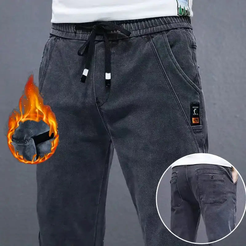 Men's Comfortable Elastic Waist Denim Pants Plush Thermal Autumn Winter Harem Trousers