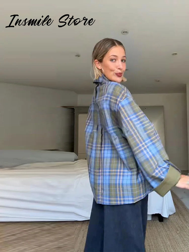 Chic Plaid Double Side Coats Women Lapel Single Breasted Long Sleeve Pocket Lace Up Jacket