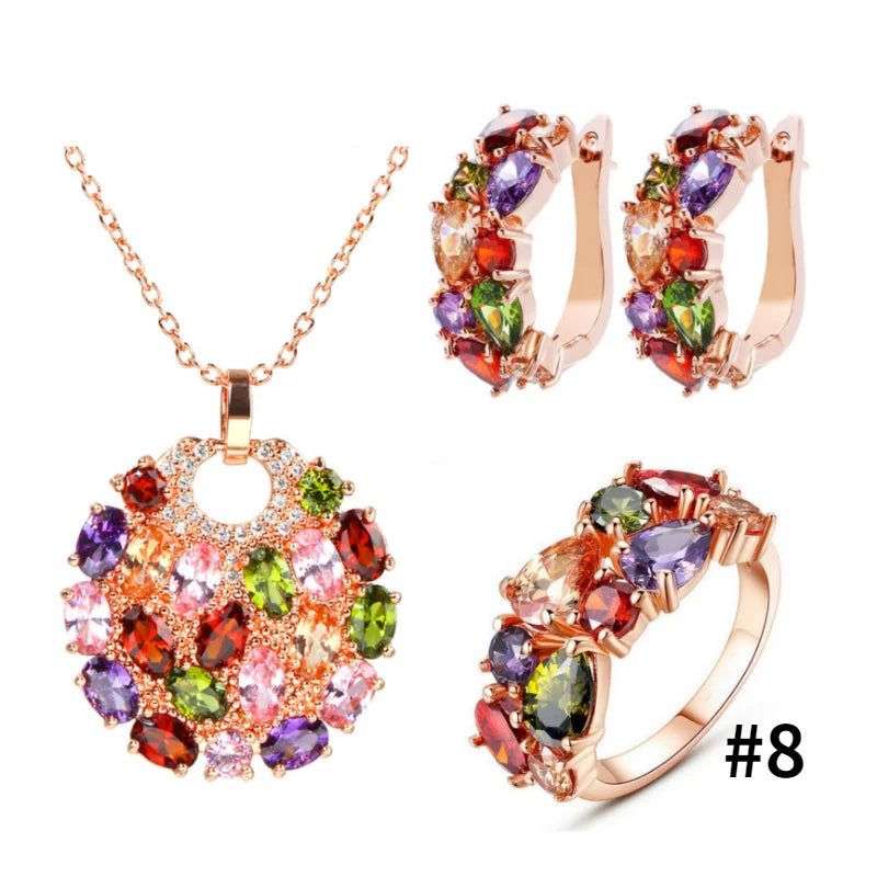 Retro Sweet Rose Gold Color Multi Cubic Zirconia Jewelry Sets