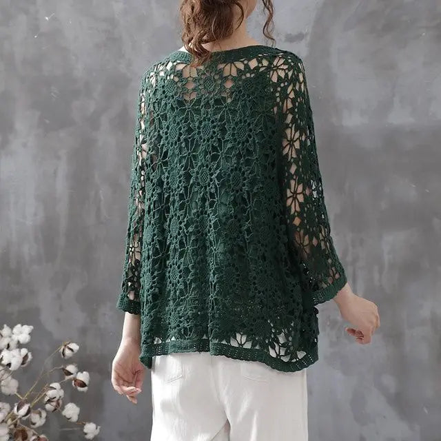 Cotton Knit Crochet Lace Open Cardigan Mid-Sleeve Summer Vintage Sweater