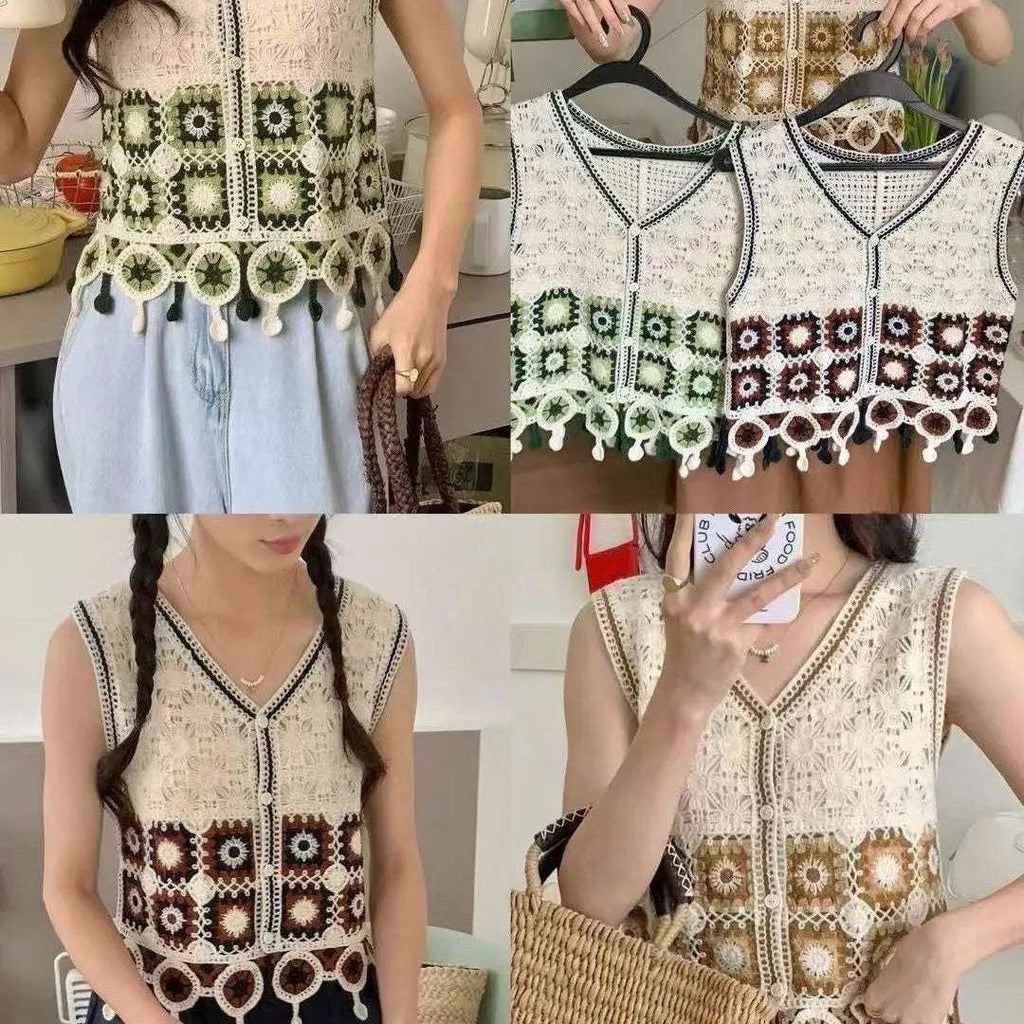 New spring and summer crochet hollow-out versatile vest for women loose V-neck sleeveless short tops