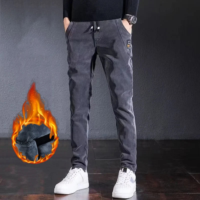 Men's Comfortable Elastic Waist Denim Pants Plush Thermal Autumn Winter Harem Trousers