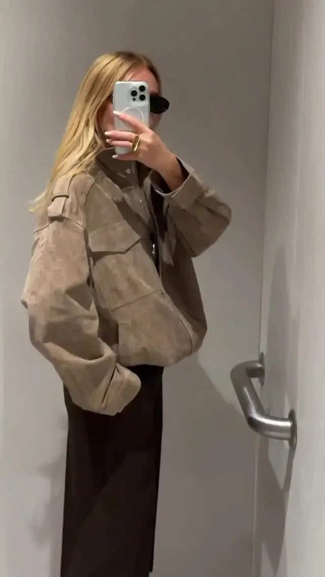 Women Chic Short Stand Collar Suede Jacket