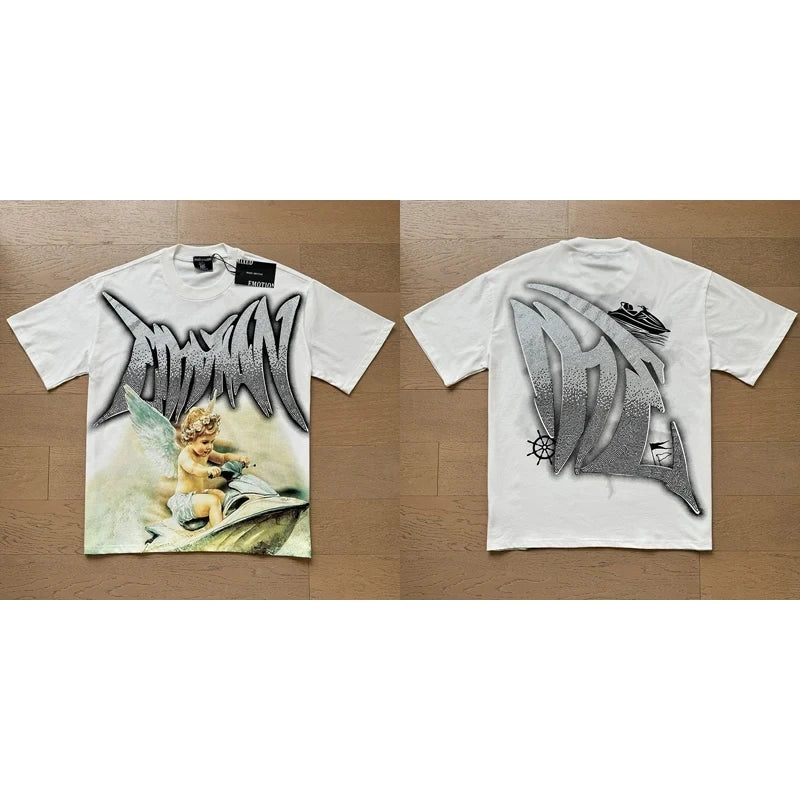 High Street Fashion Angel Print Hot Drill Streetwear MIXED EMOTION T-shirt