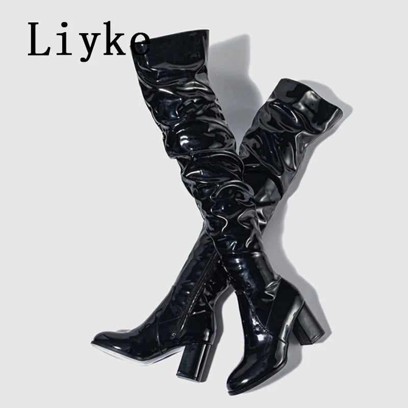 Liyke Autumn Winter White Patent Leather Over The Knee Boots