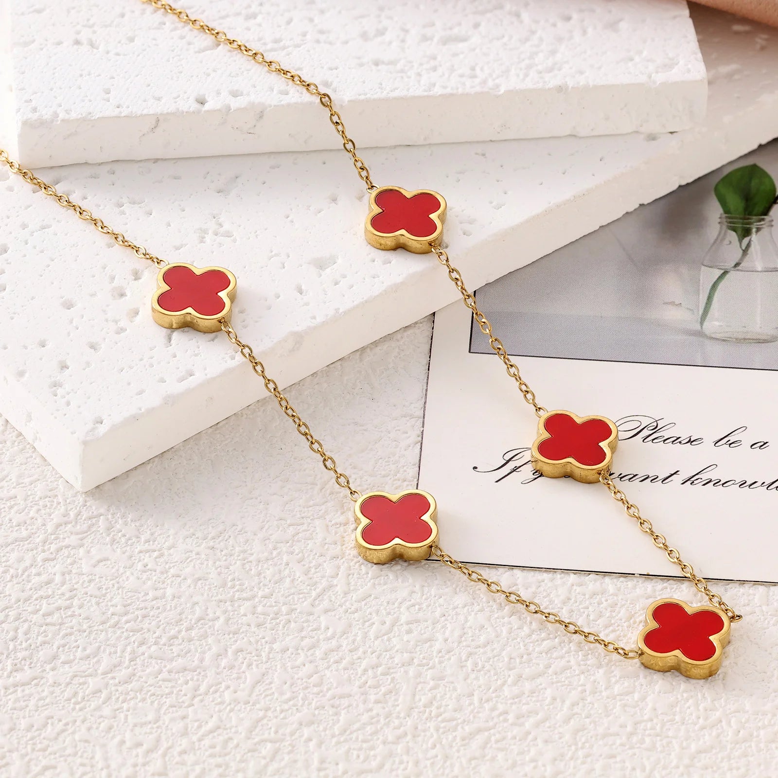 Four-Leaf Clover Necklace and Bracelet Jewelry Set