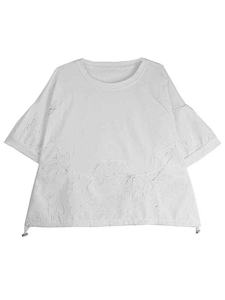 Shirring Patchwork Print O-neck T-shirts