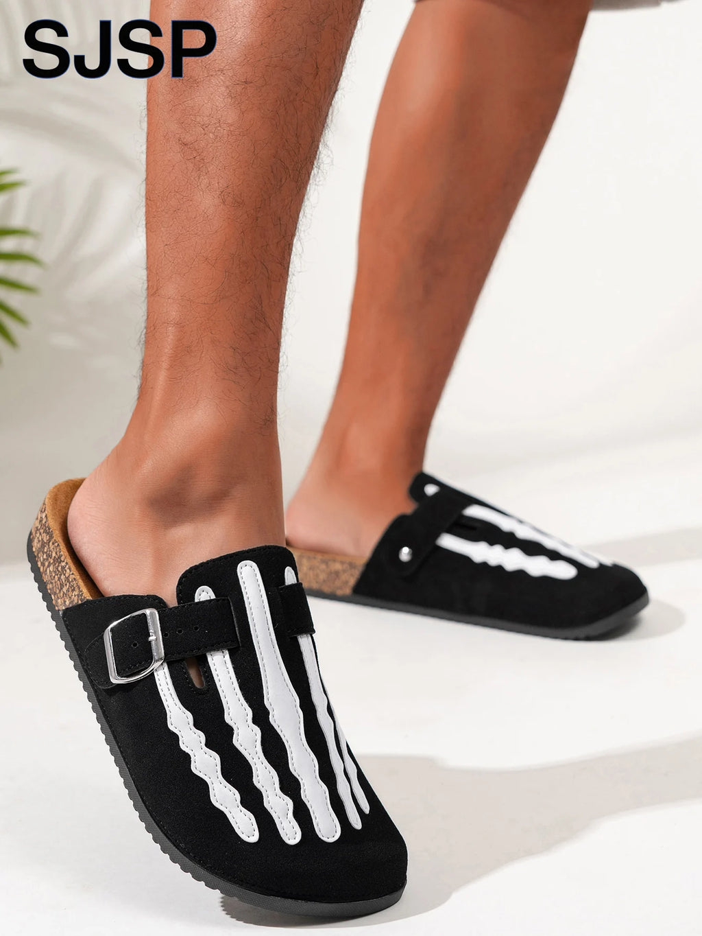 Men's New Half-Slip Halloween Trendy Skeleton Print Slip-On Design Sandals