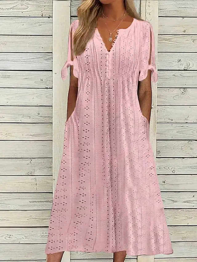 Summer New Women's Dress with Hollow-out Lace Trim and V-neck