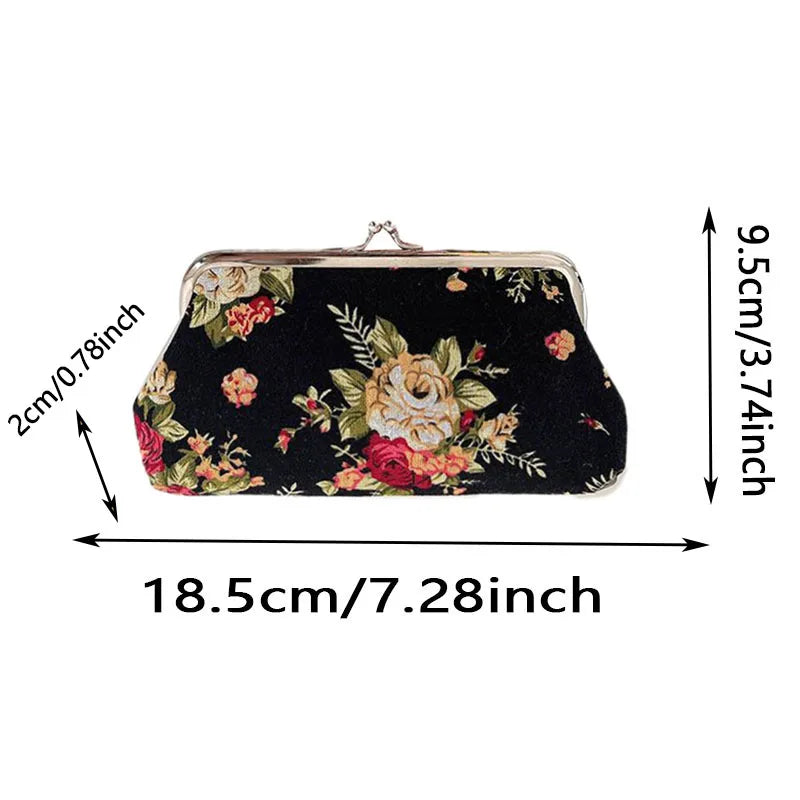 Women's Vintage Floral Pattern Coin Purse, Kiss-Lock Clutch Purse