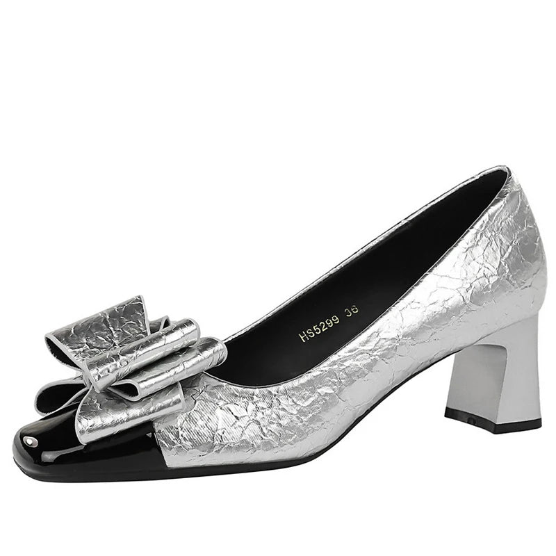Fashion Bow Splice Square Head Women Pumps