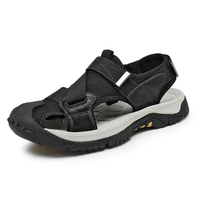 Male Beach Shoes Anti-Slip Anti-collision Toe Summer Flats Soft Leather Men Sandals