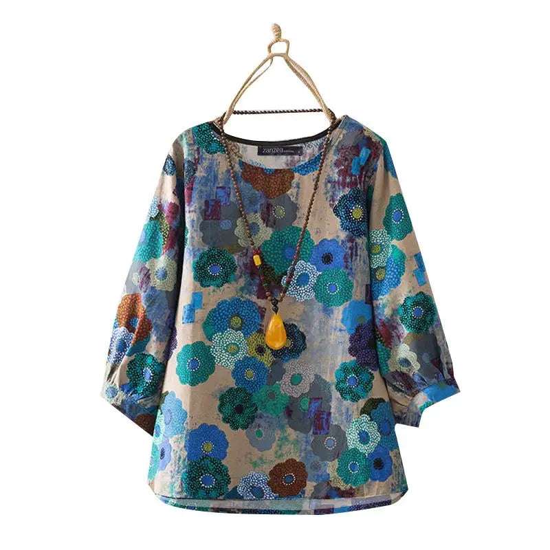 ZANZEA Women Long Sleeve Blouse 2024 Autumn Retro Floral Print Shirts Vintage Office Lady Cotton Chemise Holiday Round Neck Tops