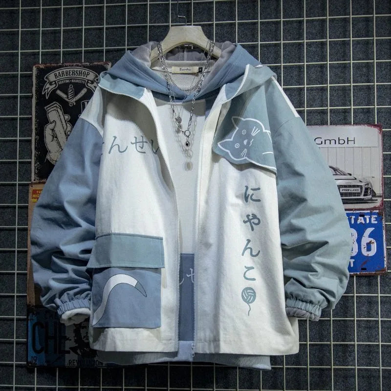 Japanese Style Spring Autumn Men Hoodie Cute Cat Print Patchwork Hoodies Fashion Anime Harajuku Male Sweatshirt