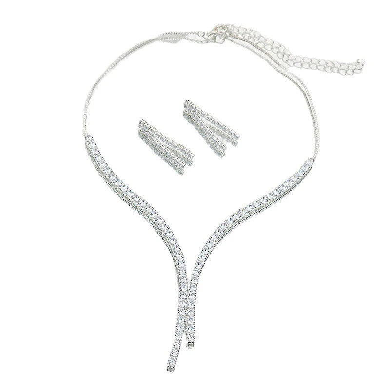 2 Pcs Simple Geometric Zircon Necklace Earrings Kit