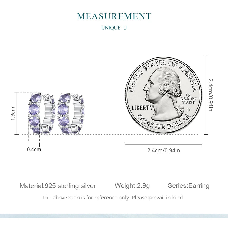 WOSTU Big Stone 925 Sterling Silver Classical Round Purple Crystal Hoop Earrings