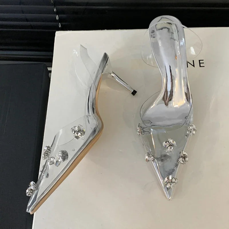 Eilyken Sexy Glitter Crystal PVC Transparent Women Pumps Thin Heels Party Prom Pointed Toe Slingbacks Shoes