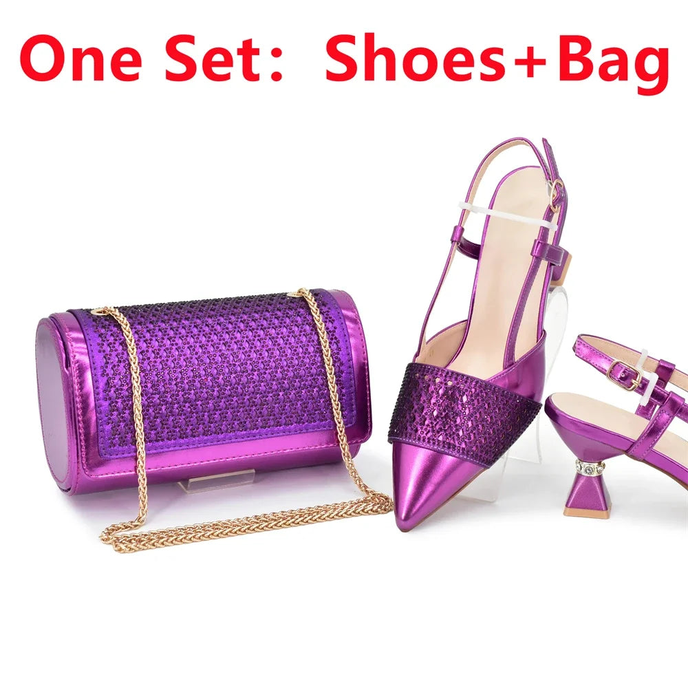 New Women's Heeled Shoes and Bag Set - Rhinestone-Decorated Luxury Design for Parties