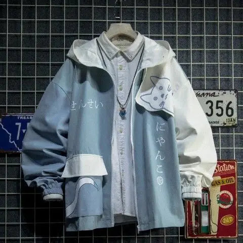 Japanese Style Spring Autumn Men Hoodie Cute Cat Print Patchwork Hoodies Fashion Anime Harajuku Male Sweatshirt