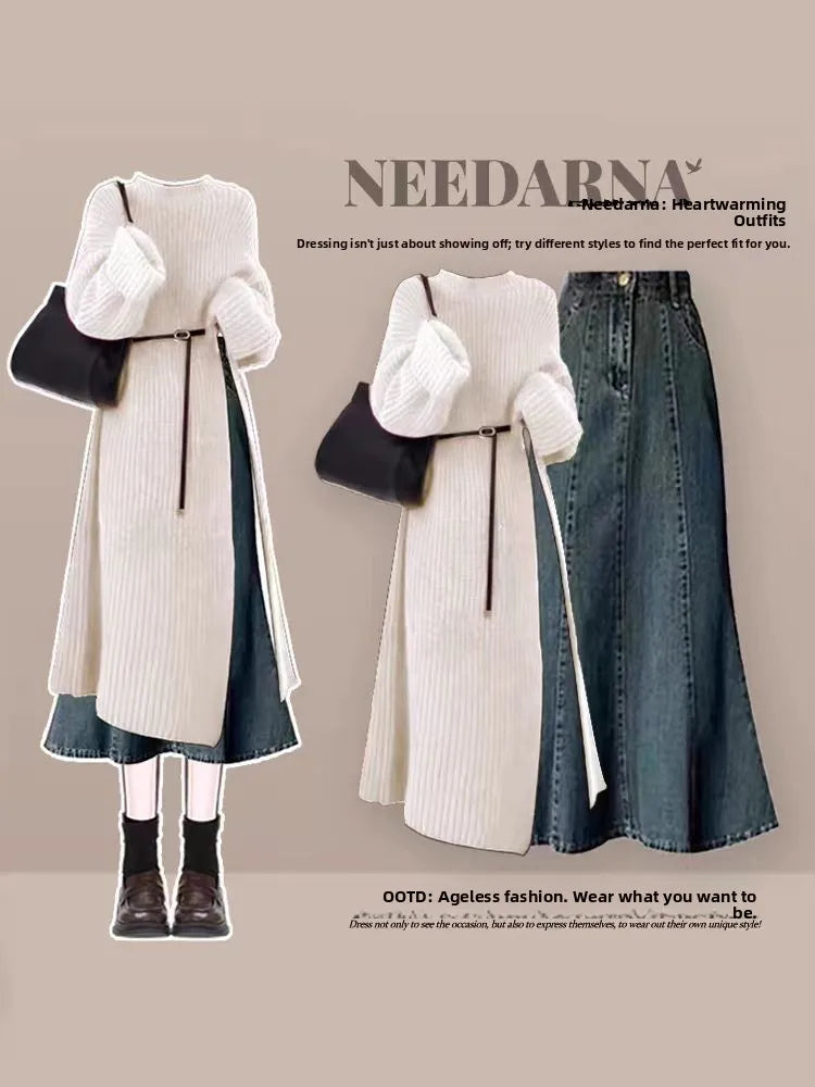 Autumn-Winter Knitted Sweater and Denim Skirt Set