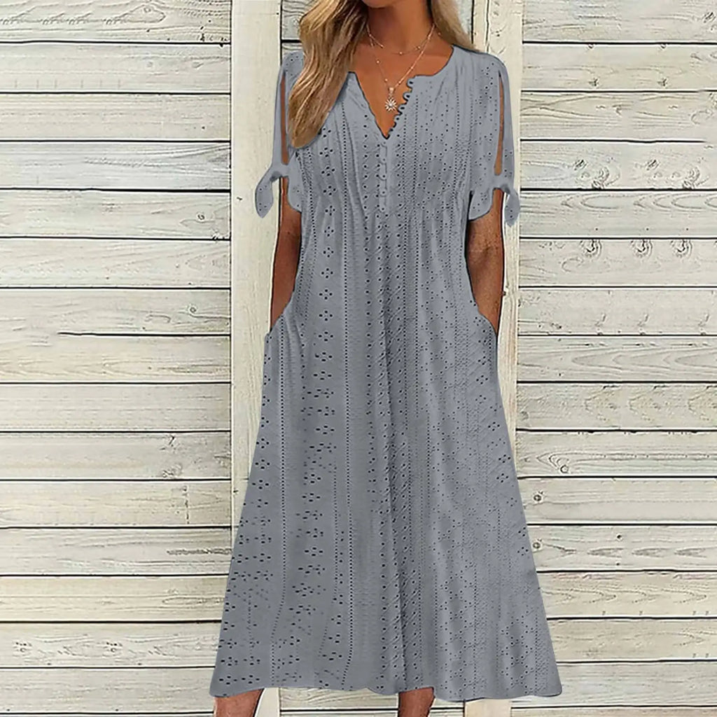 Summer New Women's Dress with Hollow-out Lace Trim and V-neck
