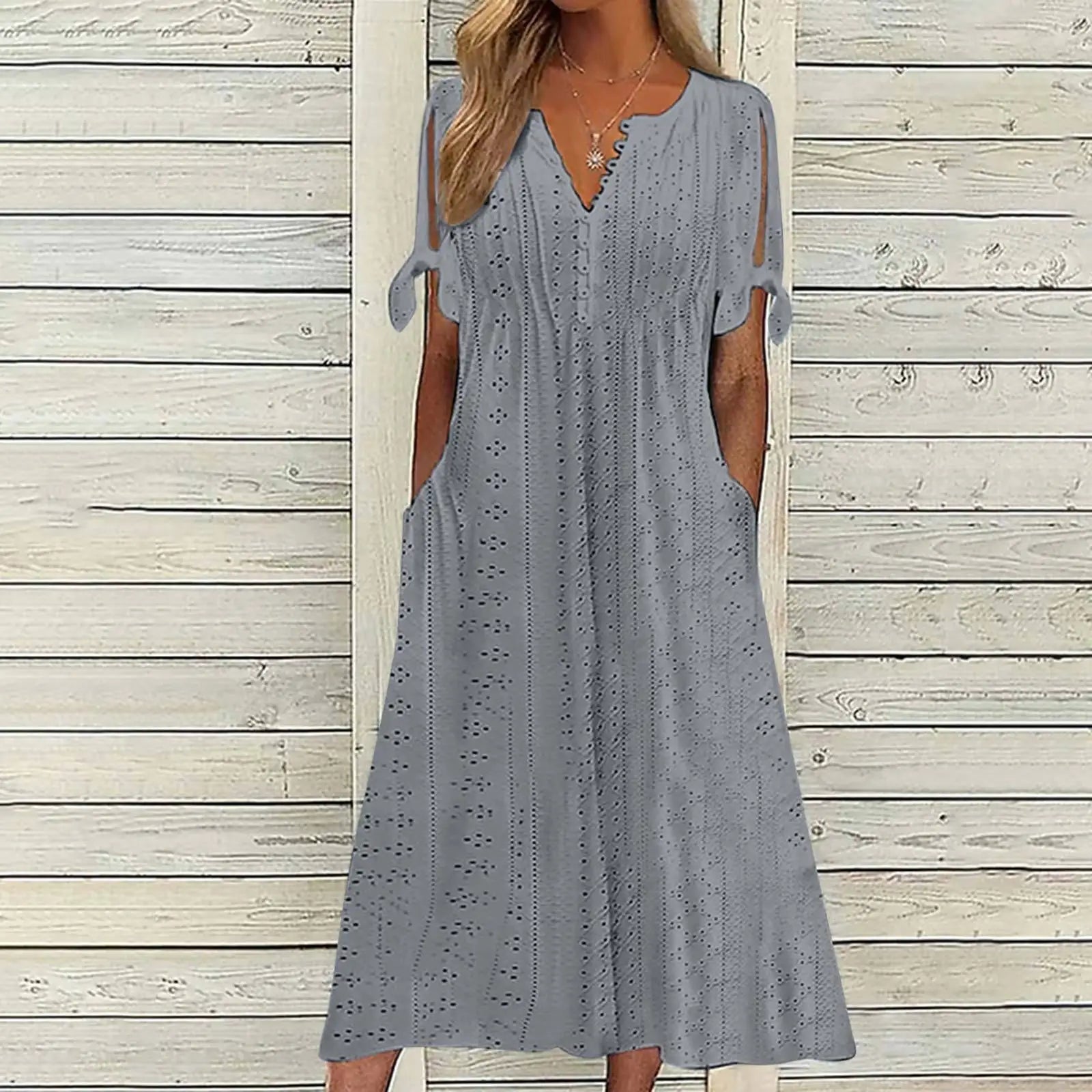 Summer New Women's Dress with Hollow-out Lace Trim and V-neck