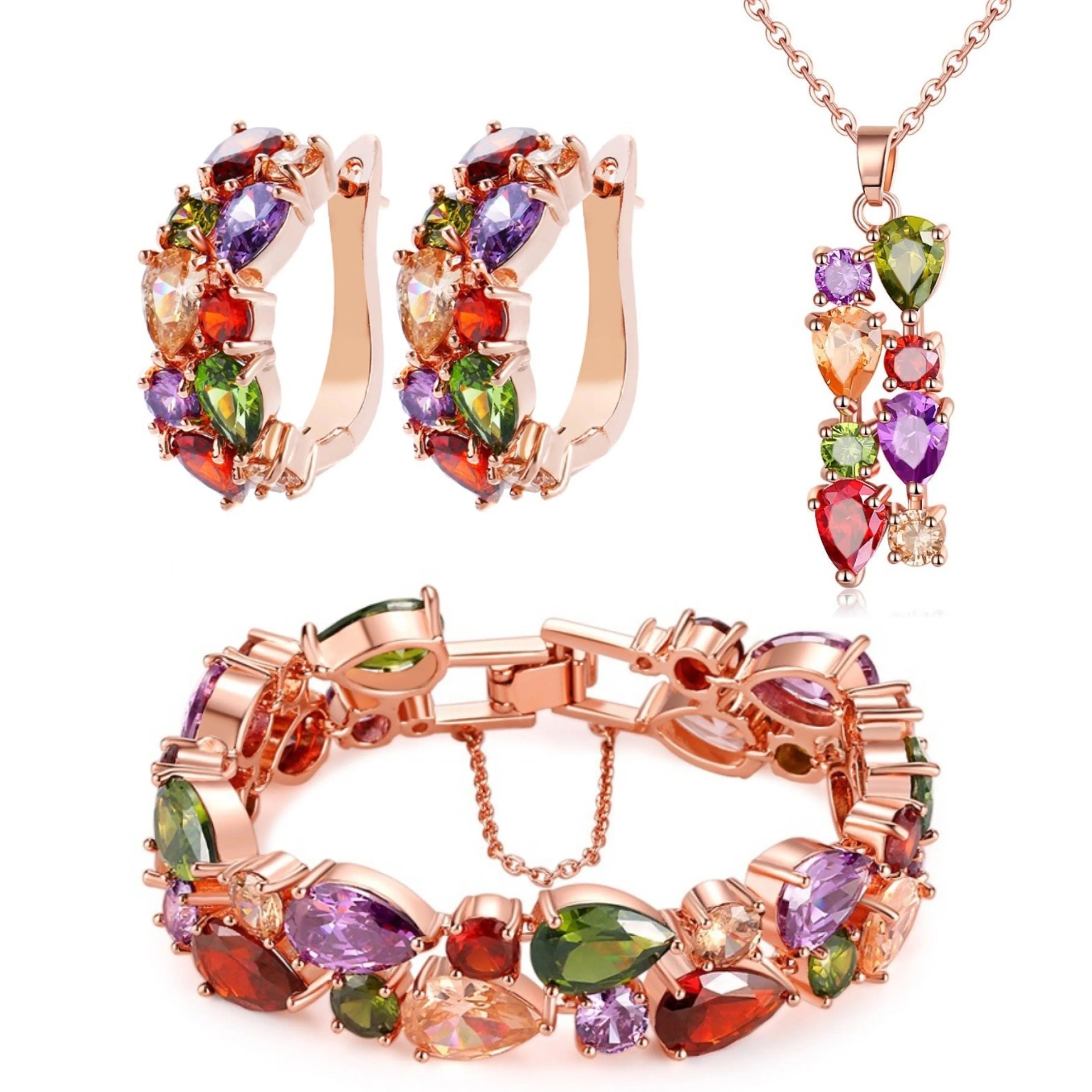 Retro Sweet Rose Gold Color Multi Cubic Zirconia Jewelry Sets