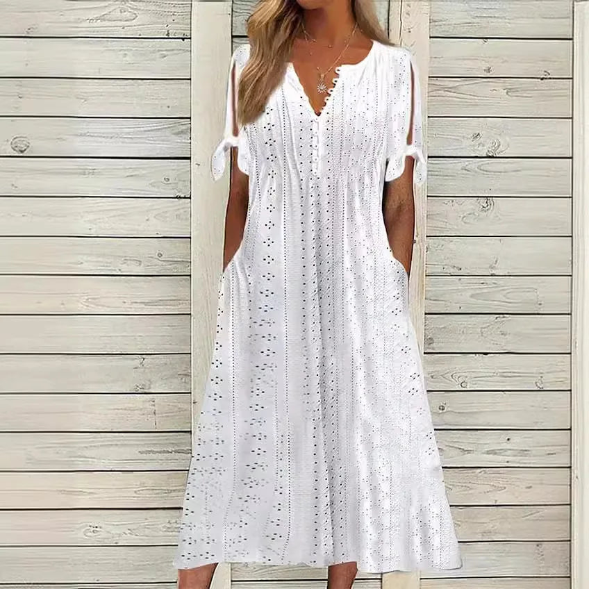 Summer New Women's Dress with Hollow-out Lace Trim and V-neck