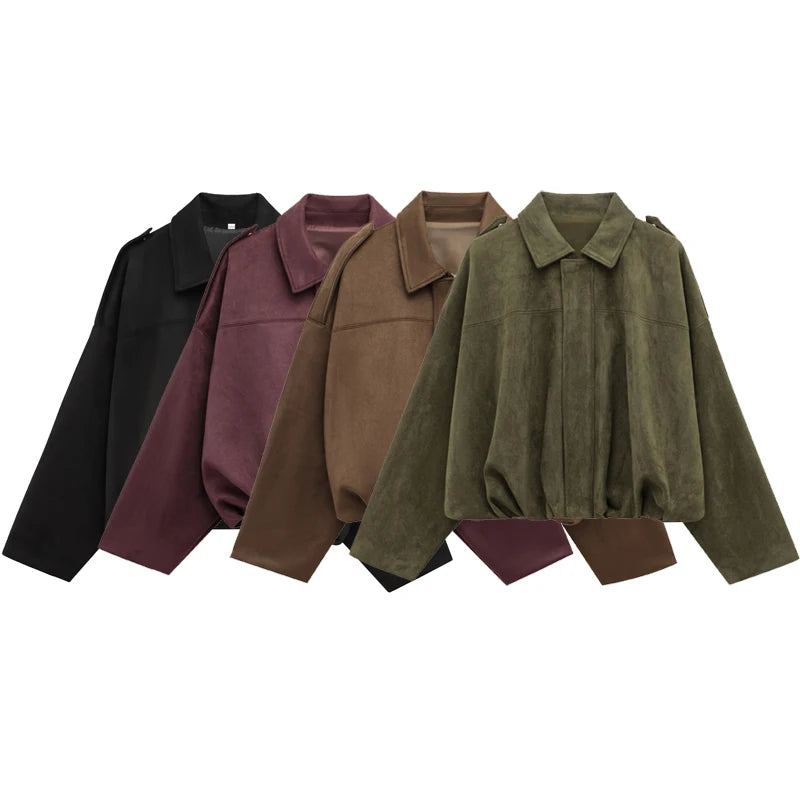 Women's Bomber Jacket Lapel Long Sleeve, Zipper, Suede Jacket