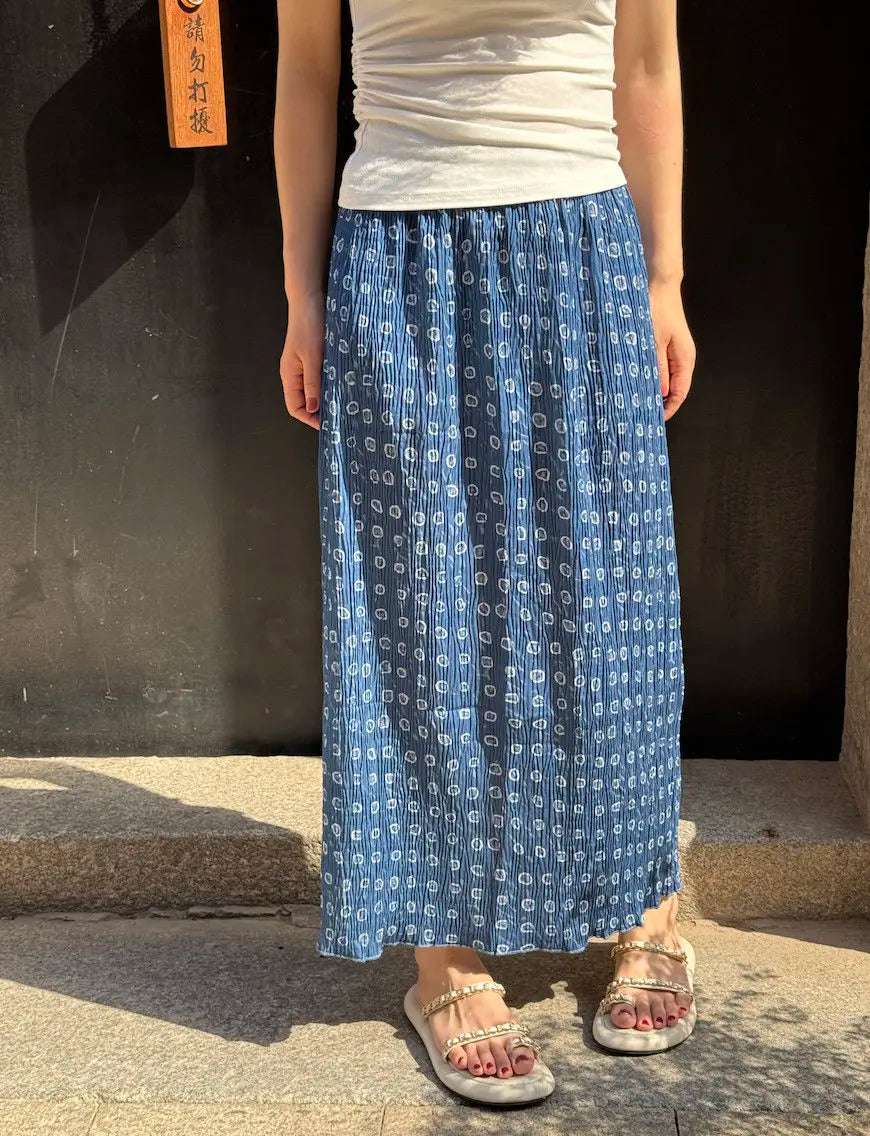 Korean Style Minimalist Printed Half Skirt Blue Versatile Floral Print Slimming Effect Elastic Waistband Split Back Half Ski