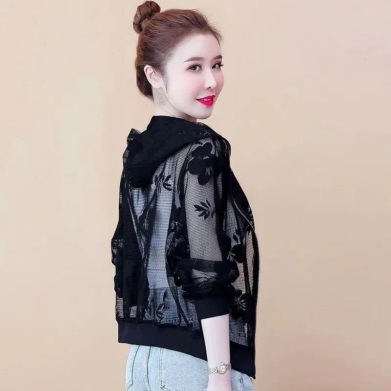 Summer mesh thin style stylish shawl short style versatile hooded sunscreen top for women