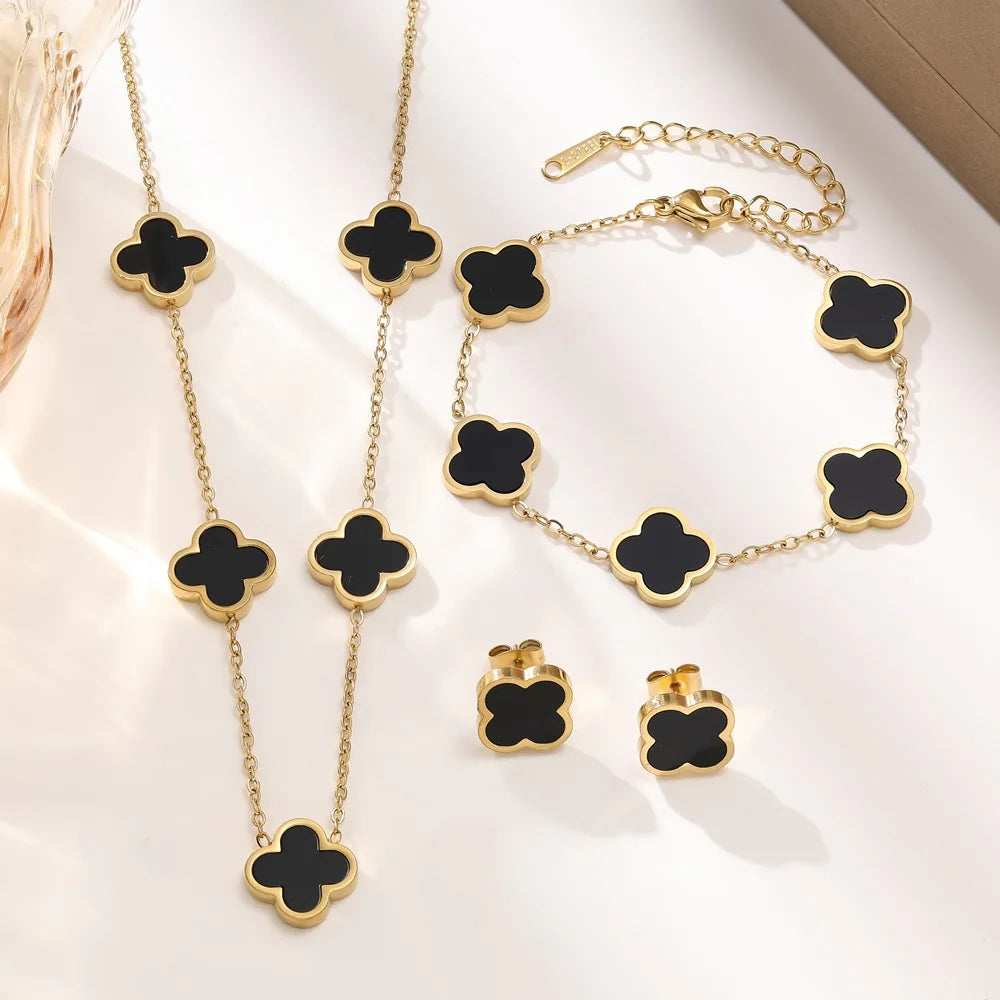 Four-Leaf Clover Necklace and Bracelet Jewelry Set