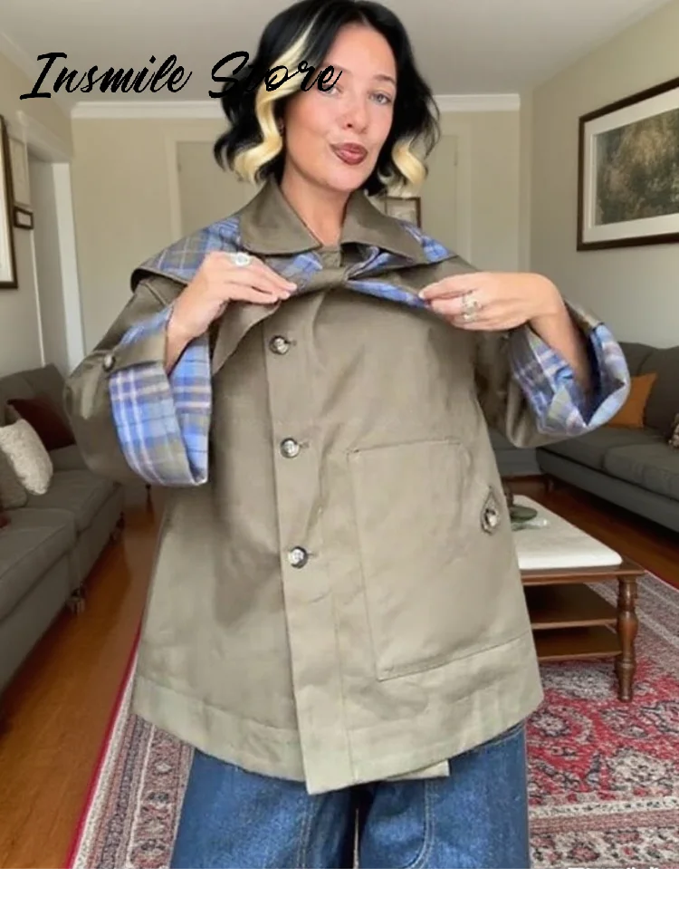 Chic Plaid Double Side Coats Women Lapel Single Breasted Long Sleeve Pocket Lace Up Jacket