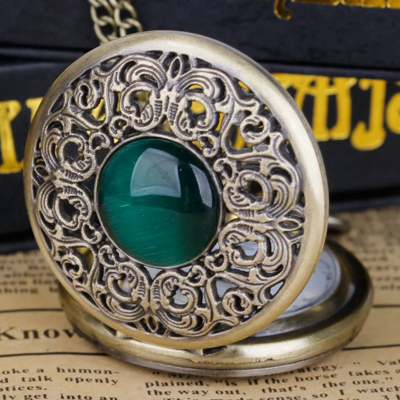 Vintage Arabic Numerals Face Hollowed-Out Carving Jade Quartz Pocket Watch