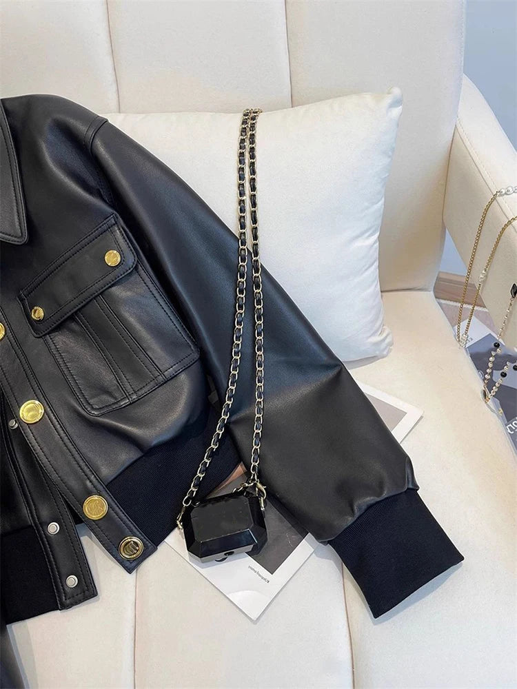 Black Pu Leather Crop Jacket for Women